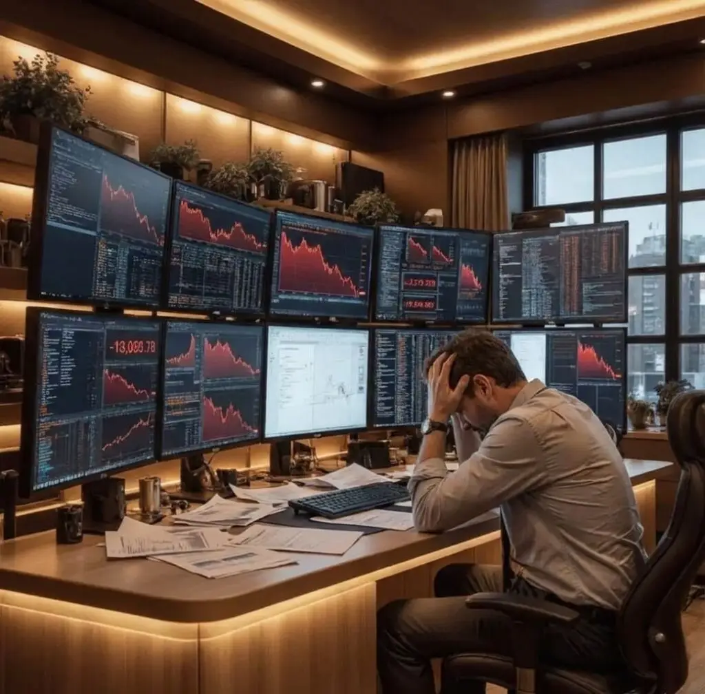 Modern trading desk with multiple screens displaying financial charts and data, symbolizing the psychological challenges of trading decisions.