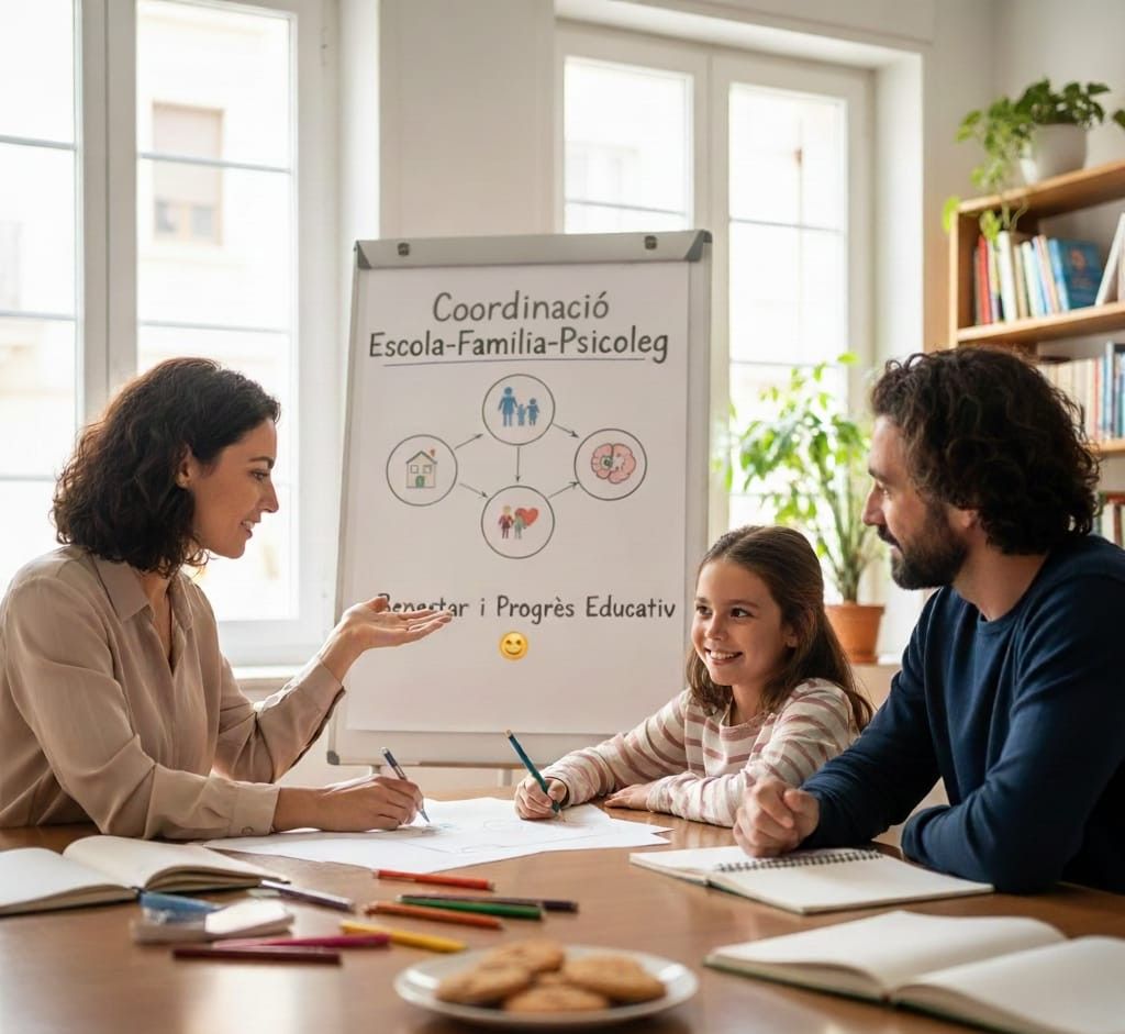 Psicòloga del Centre de Psicologia Jaume Primer - Psicòlegs Girona en una sessió de coordinació amb una família per millorar el benestar i el progrés educatiu de la seva filla.