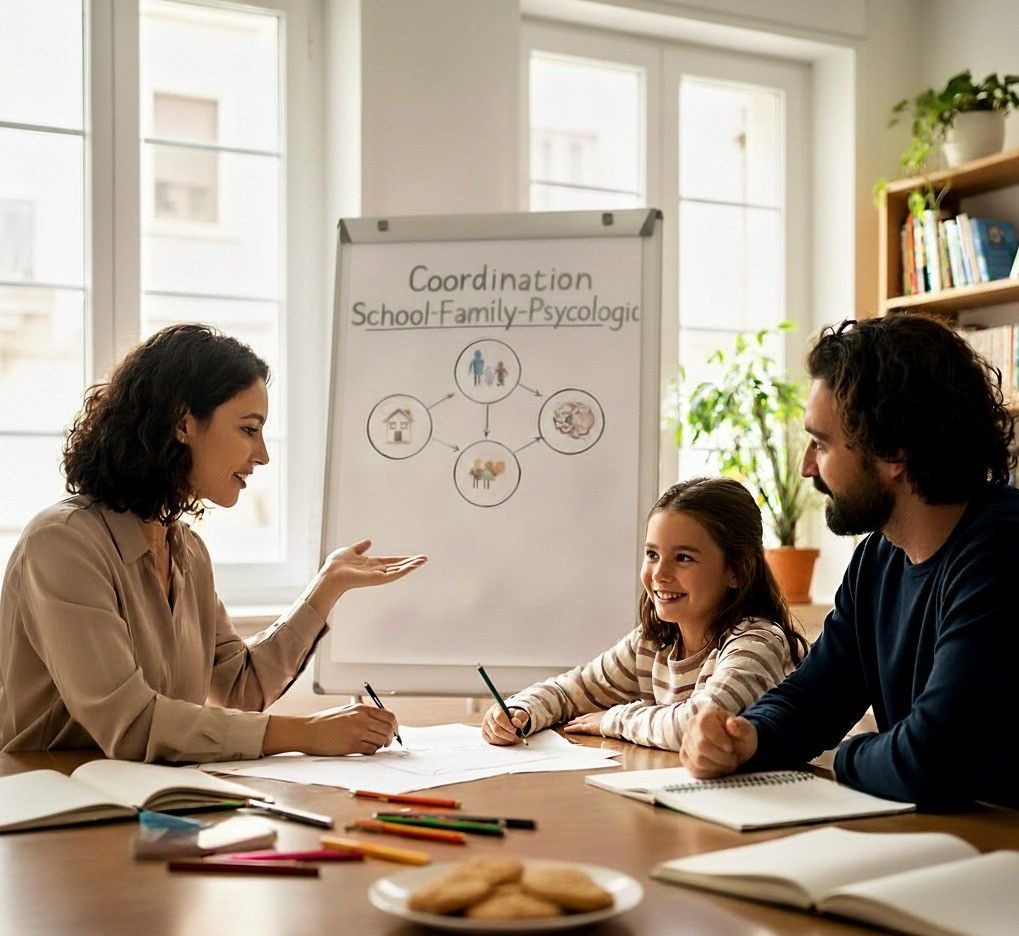 A psychologist from the Centre de Psicologia Jaume Primer – Psicòlegs Girona, with curly dark hair and a warm smile, gestures with her right hand while enthusiastically explaining a diagram on a whiteboard. The diagram reads 'School-Family-Psychologist Coordination' with connected icons of a house, a family, and a school, and the text 'Semester and Educational Progress 😊'. Around a wooden table with notebooks, colored pencils, and cookies, a cheerful 8-year-old girl with brown hair draws with a pen, while her bearded father with long hair watches supportively. The scene takes place in a bright, cozy room with windows, bookshelves, and plants, evoking collaboration and family warmth. Location: Gran Via de Jaume I, 41-43, Ent. 1ª, 17001 Girona.