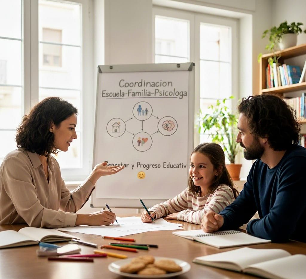 Una psicóloga del Centre de Psicologia Jaume Primer – Psicòlegs Girona, con cabello ondulado oscuro y sonrisa amable, gesticula con la mano derecha mientras explica con entusiasmo un diagrama en una pizarra blanca. El diagrama muestra 'Coordinación Escuela-Familia-Psicóloga' con iconos conectados de una casa, una familia y una escuela, y el texto 'Semestre y Progreso Educativo 😊'. Alrededor de una mesa de madera con cuadernos, lápices de colores y galletas, una niña sonriente de unos 8 años con cabello castaño dibuja con un bolígrafo, mientras su padre, con barba y cabello largo, la observa con atención y apoyo. La escena se desarrolla en una acogedora sala luminosa con ventanas, estanterías de libros y plantas, evocando colaboración y calidez familiar.