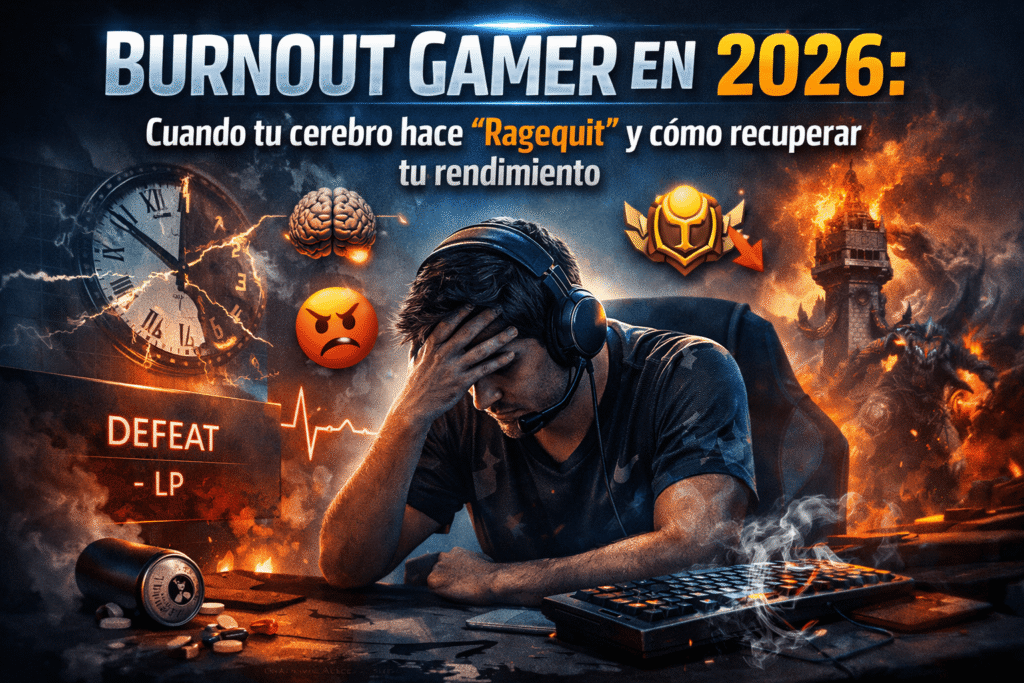 Jugador de esports estresado frente al PC sufriendo burnout. Incluye el texto "Burnout Gamer en 2026: Cuando tu cerebro hace Ragequit y cómo recuperar tu rendimiento".