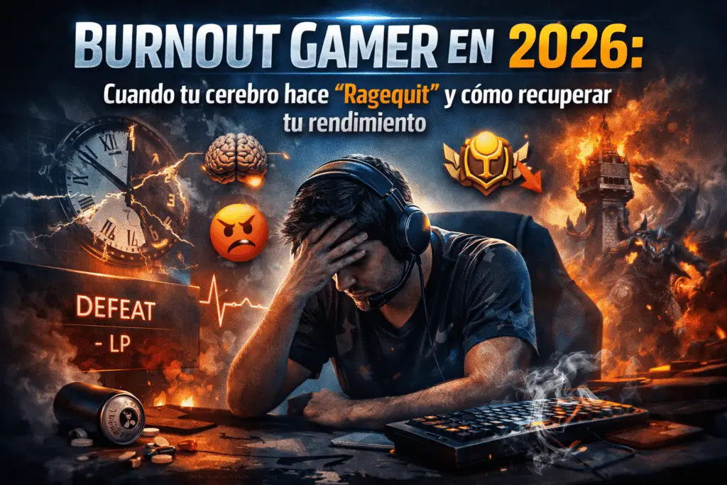 Jugador de esports estresado frente al PC sufriendo burnout. Incluye el texto "Burnout Gamer en 2026: Cuando tu cerebro hace Ragequit y cómo recuperar tu rendimiento".