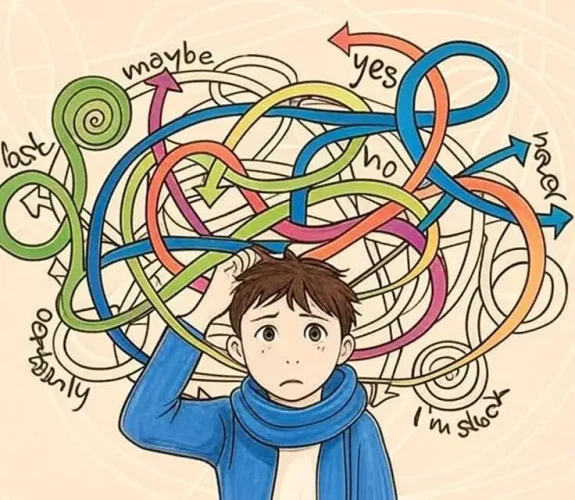 Representació visual de la confusió mental i els pensaments intrusius del TOC. Jove amb una teranyina de pensaments i paraules com "maybe", "no" o "I'm stuck" sobre el cap.